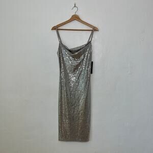 Bebe – Silver Sequin Cowl Neck Midi Slip Dress NWT